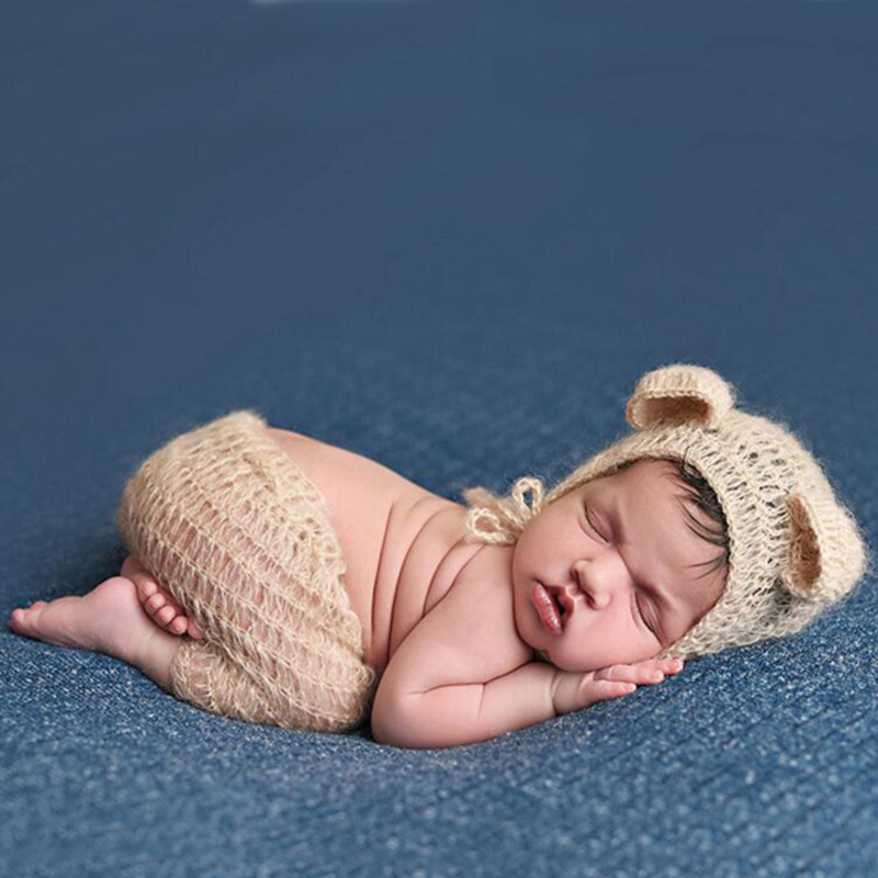 欧美儿童摄影小熊套装新生婴儿马海毛编织毛衣宝宝满月拍照造型帽