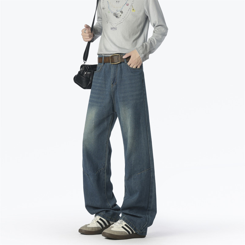 FOFWMODE 秋季潮牌美式水洗牛仔裤男直筒宽松复古休闲百搭弯刀裤 - 图1