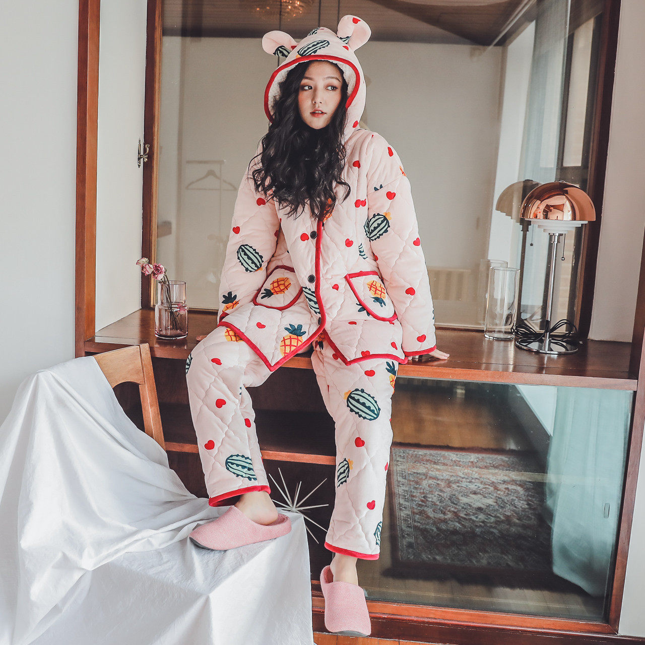 月子服孕妇冬季加绒夹棉女睡衣 lmsj服饰家居服套装