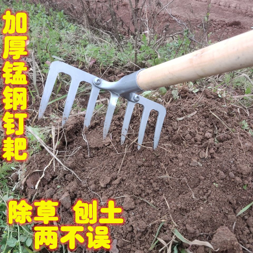 钉耙耙子松土小耙子多功能钢扒子铁耙子搂草松土园林工具加厚钉耙 - 图0