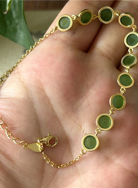 天然碧玉手链女碧玉单圈银镶碧玉手链A货正品镀金和田玉碧玉手链