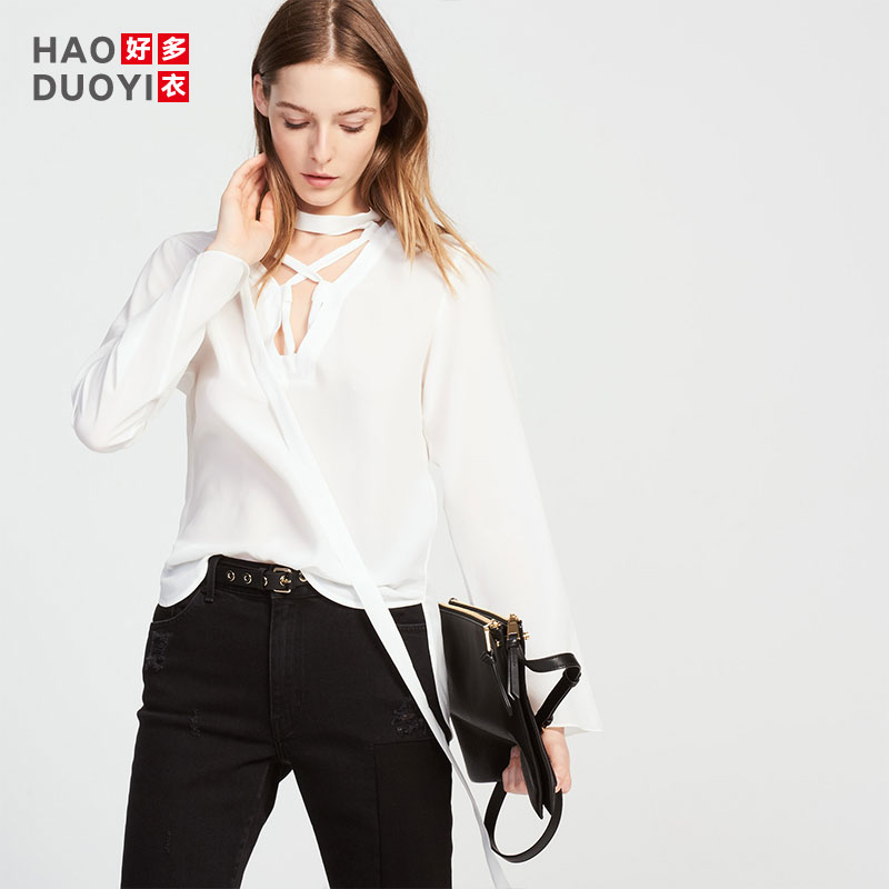 Haoduoyi欧货镂空系带V领设计感小众洋气ins宽松长袖雪纺衬衫女