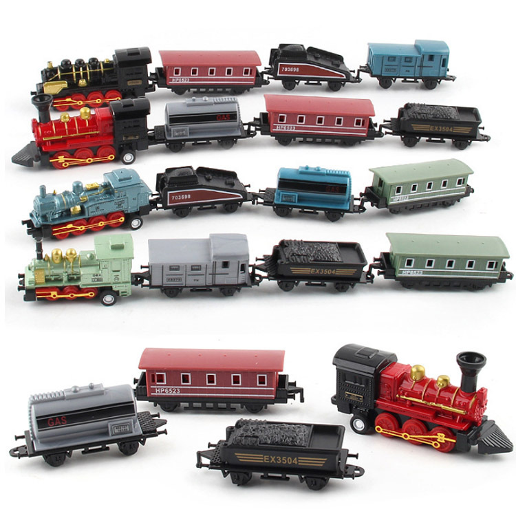 外贸版仿真复古蒸汽小火车回力车头合金儿童迷你车厢模型玩具摆件 - 图0