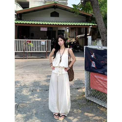 DDang 亚麻花苞裤吊带套装2026夏季复古度假休闲凉感蕾丝上衣女 - 图0