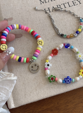 笑脸手链~ins风韩系弹力多巴胺彩色串珠手串2025夏季新款配饰女A