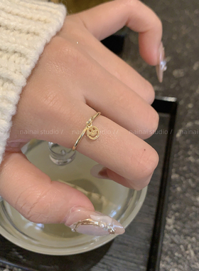 笑脸戒指~ins风韩系开口可调节食指戒气质高级感极细素圈指环女A