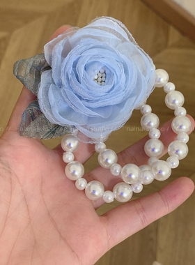 蓝色珍珠山茶花发圈~超仙玫瑰花发绳2026夏季新款小清新头绳发饰A