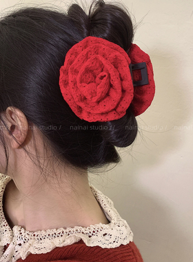 红色玫瑰花抓夹~明艳大美女！新年花朵后脑勺盘发鲨鱼夹发夹发抓