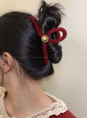 红色小金标抓夹~新年植绒大号后脑勺盘发鲨鱼夹高级感过年发抓女A
