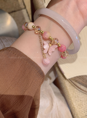 粉色手镯~2只装新中式叠戴复古气质蝴蝶串珠手串民族风手链手饰A