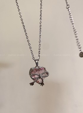 粉色爱心项链~闪钻蝴蝶结锁骨链2025新款小众设计高级感颈链配饰A
