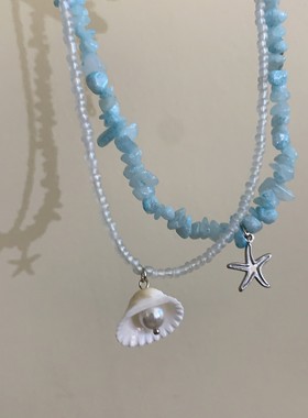 蓝色海星贝壳项链~双层叠戴碎石珍珠锁骨链海边度假风颈链配饰夏