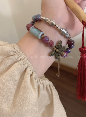 新中式蝴蝶手链~民族风气质叠戴陶瓷串珠手串复古国风闺蜜手饰女A