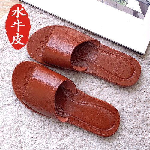 全牛皮居家拖鞋女夏天室内地板家用防滑不臭脚水牛皮凉拖鞋男静音 - 图1