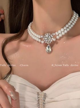 超闪~双层镶钻珍珠项链高