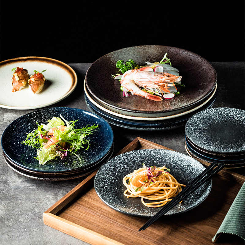 日式实用陶瓷盘菜盘复古圆形装菜盘子家用餐具西餐平盘早餐浅盘-图2