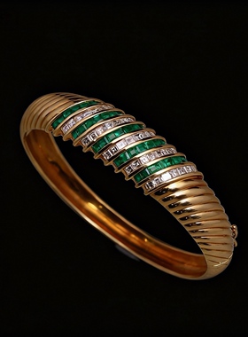 Retro时期18K金祖母绿 钻石手镯英国作品 18CT金标无边镶嵌祖母绿