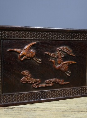 中式旧古黑檀木镶黄杨木雕刻仙鹤茶盘摆盘实木托盘摆件26x17x2cm