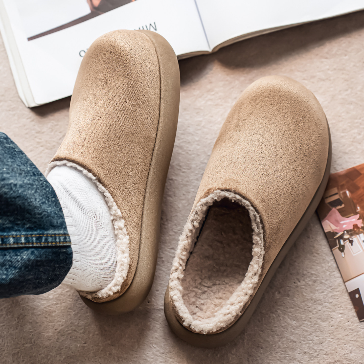 勃肯男鞋冬季加绒一脚蹬豆豆棉拖鞋办公室外穿棉鞋防滑半拖穆勒鞋,淘宝优惠券,粉丝福利购,淘宝优惠卷