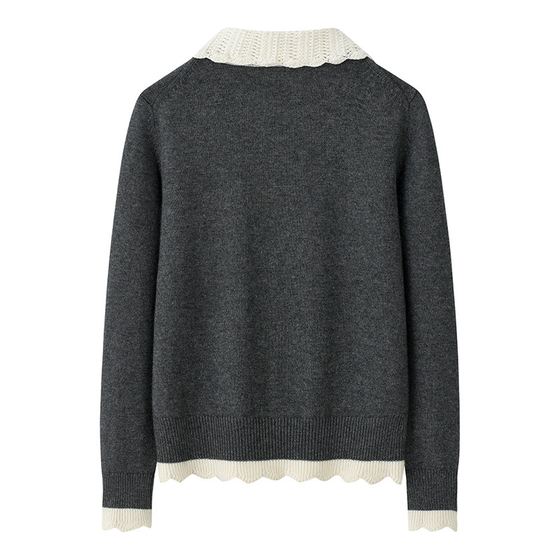 网眼钩花娃娃领~鄂尔多斯市撞色羊绒女开衫加厚双股休闲外穿毛衣,淘宝优惠券,粉丝福利购,淘宝优惠卷