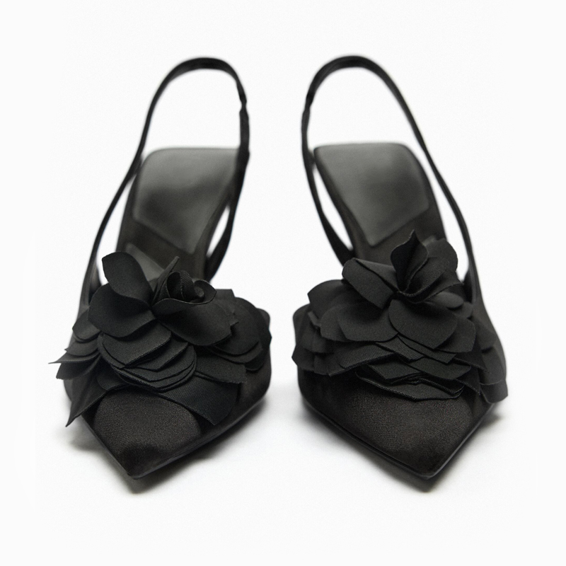冬季新品女鞋黑色花朵装饰高跟礼服鞋尖头浅口性感露跟后空单鞋女