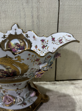 外贸风情 鎏金波浪边 民族花朵 小船造型深度大号 家用陶瓷水果篓