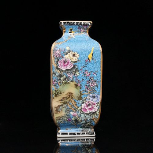清乾隆琺瑯彩四方花鳥尊瓶 景徳鎮 陶磁器 装飾品 現代工芸品 美術品 置物 仿大清乾隆年制蓝地珐琅彩描金四方花鸟花瓶仿古玩瓷器收藏_虎窝淘