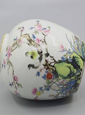 仿清光绪鸟语花香紫边坛仿古瓷器古玩收藏做旧老货家居装饰摆件