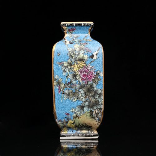 仿大清乾隆年制蓝地珐琅彩描金四方花鸟花瓶仿古玩瓷器收藏_虎窝淘
