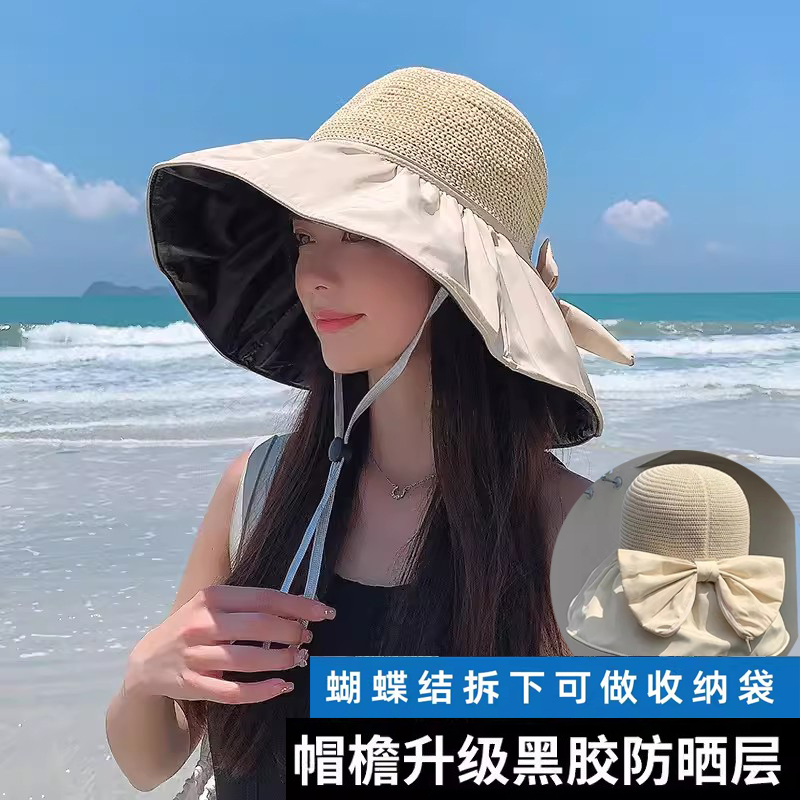 遮阳帽女夏季黑胶蝴蝶结镂空防紫外线大檐遮脸防晒帽太阳渔夫帽子