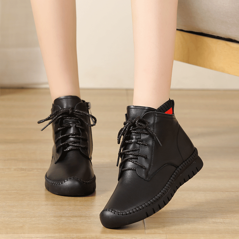 真皮短靴女百搭秋冬新款米色二棉加绒平底低跟软底高帮皮鞋马丁靴,淘宝优惠券,粉丝福利购,淘宝优惠卷