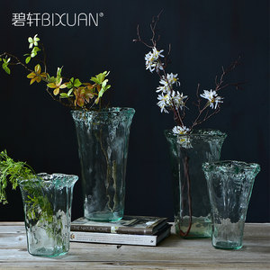 Bixuan西班牙透明玻璃花瓶摆件 水波纹手工吹制花器家居装饰品