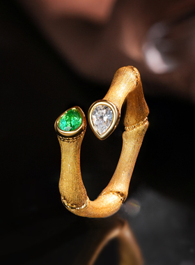 V姐推荐培育祖母绿黄金色拉丝竹节戒指指环S925银可调节