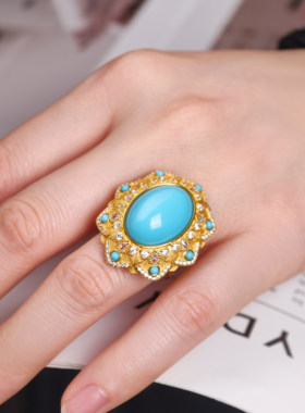 VISING珠宝国风黄金色戒指人工蓝松鸽子蛋手工刻丝S925银