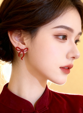 【南瓜先生】酒红色蝴蝶结耳饰女