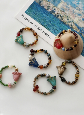 花糖｜郁金香花｜捷克琉璃米珠串珠指环小众个性花朵戒指装饰