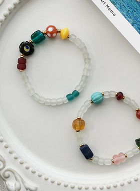 花糖｜你好，旧时光｜古法手工老琉璃珠串珠手链彩色混搭手串小众