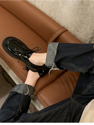 真皮乐福鞋女鞋子2026春秋百搭新款软底厚底系带黑小皮鞋休闲单鞋 - 图0