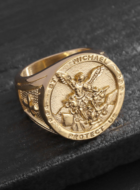 欧美跨境新款嘻哈HIPHOP指环钛钢镀金大天使圣克莱尔驱魔男士戒指