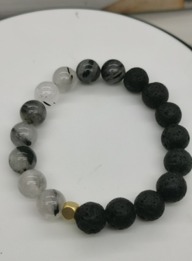 创饰天然黑火山石黑发晶水晶圆珠情侣转运珠手链手串男女