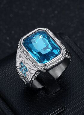 欧美跨境新款嘻哈HIPHOP钛钢真空镀金冰蓝水钻玻璃宝石男士戒指