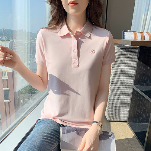 新款翻领珠地纯棉t恤女装2025夏季短袖polo衫半袖上衣休闲团体服 - 图0