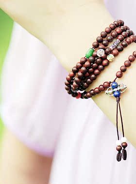 佛家七宝5mm印度小叶紫檀银金刚杵弯管玫瑰花多宝水晶五圈手链