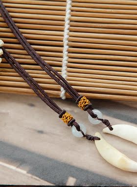 舞泽天天然黑狗牙狼狗藏獒牙翡翠平安扣咖色绳男女情侣项链毛衣链