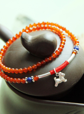 纯银弯管超迷你实心马红玛瑙小叶紫檀情侣手链