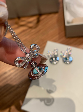 久不掉色土星orb冰蓝色星球项链925银锁骨链闪钻西太后小众星球