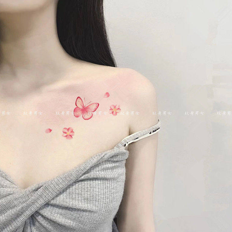 樱花纹身贴防水女持久古风仙女性感锁骨粉色少女花朵蝴蝶仿真贴纸