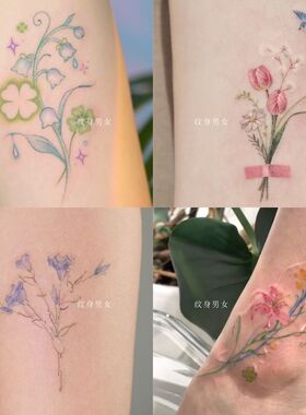蝴蝶花束纹身贴 彩色花卉手臂腰侧遮瑕仿真纹身贴纸