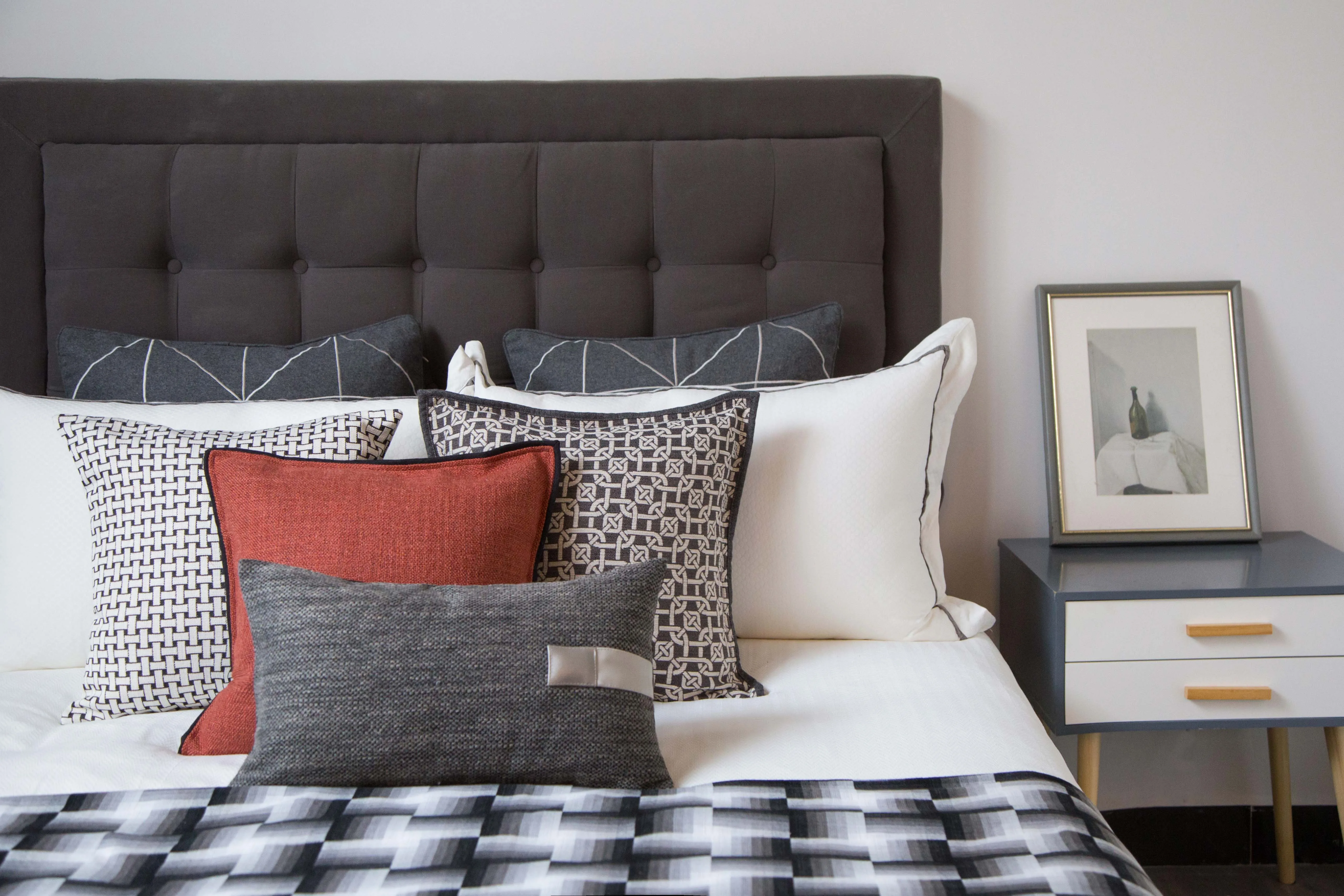 Modern villa, woven sofa, pillow, print