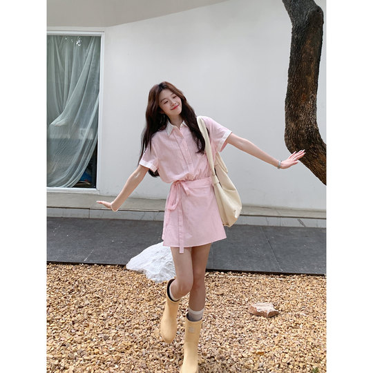 Even Yiwen Berry Peach Taotao Korean high-intellectual daily versatile commuter pink striped waist shirt dress